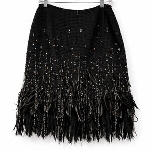 NWT Lafayette 148 Black Beaded Sequin Feather Fringe Skirt Size 6 Designer